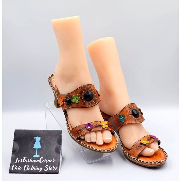 NWOB Spring Step Women's Brown Leather Kitten Heel Open-Toe Sandals Sz 9.5 2398 - Picture 4 of 16